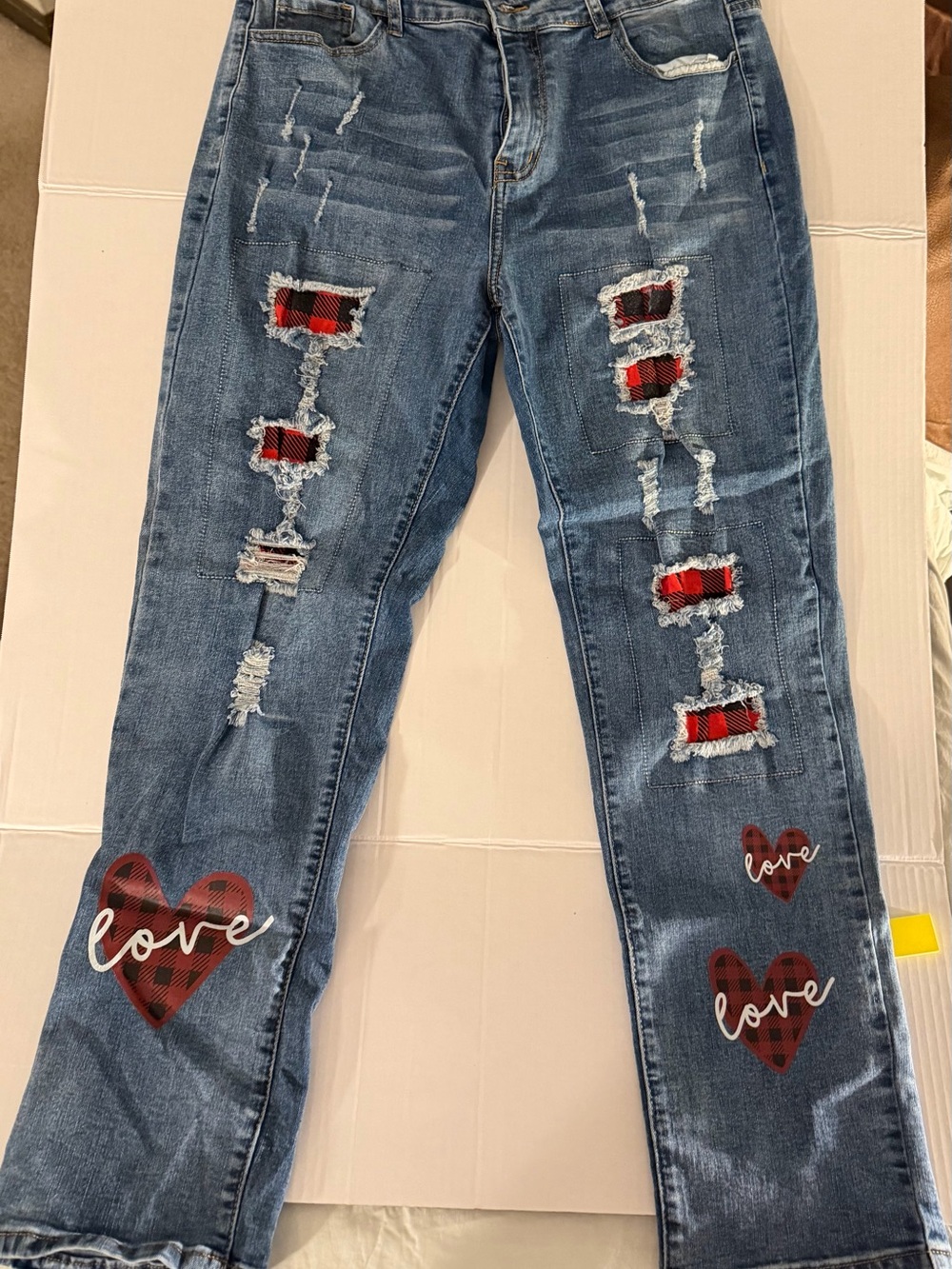 Women’s Blue Distressed Patch Plaid Heart Jeans - Unknown Brand